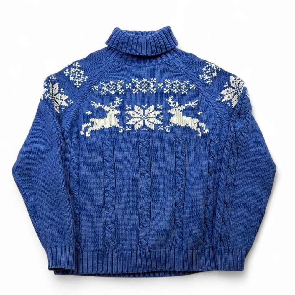 Vintage Lands End Blue Fair Isle Reindeer Cable Knit Turtleneck Sweater Sz L